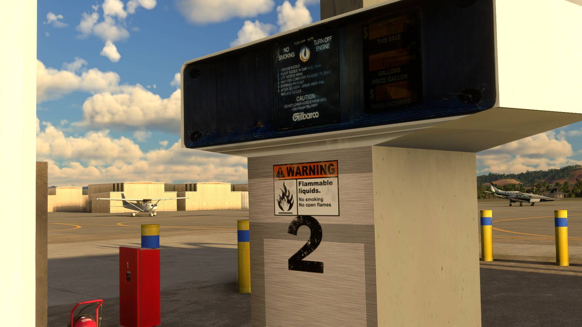 Gilbarco self-serve fuel pump with safety bollards and Cessna on ramp